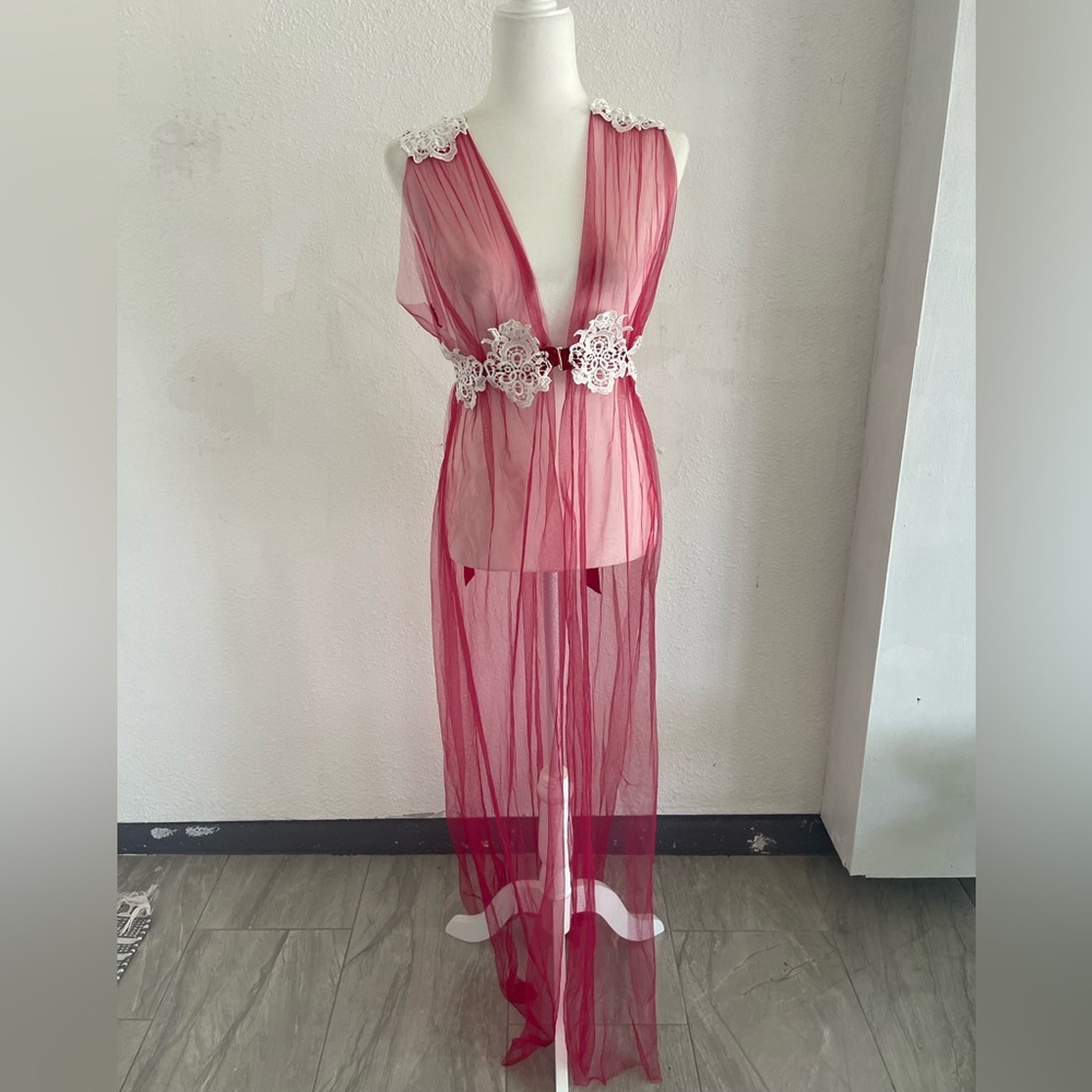Sheer Red Lace Trimmed Gown